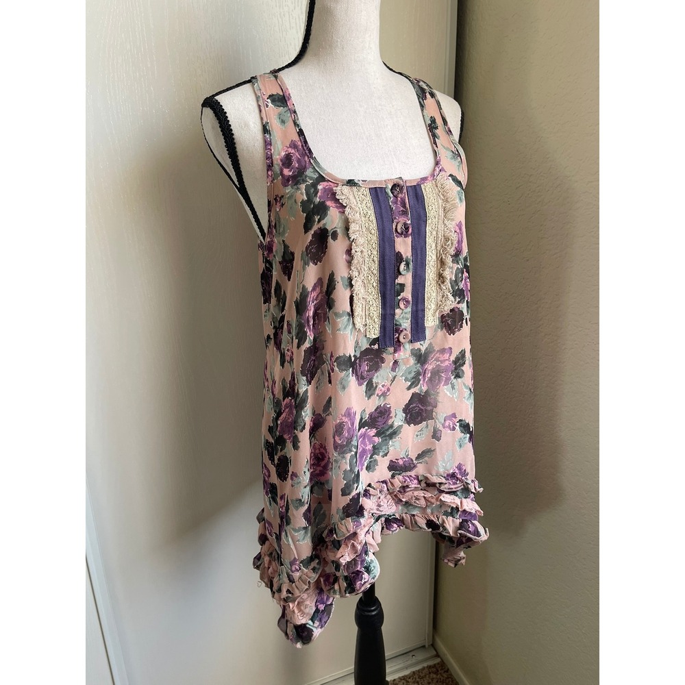 Cecico Women Floral Ruffle Hem Tunic Top Pink Purple Boho Lace Detail Small
